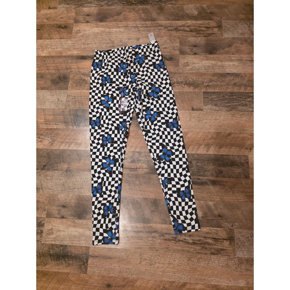 No Boundaries Womens Ankle Leggings Black White Warped Checker Blue Butterfly‎ S